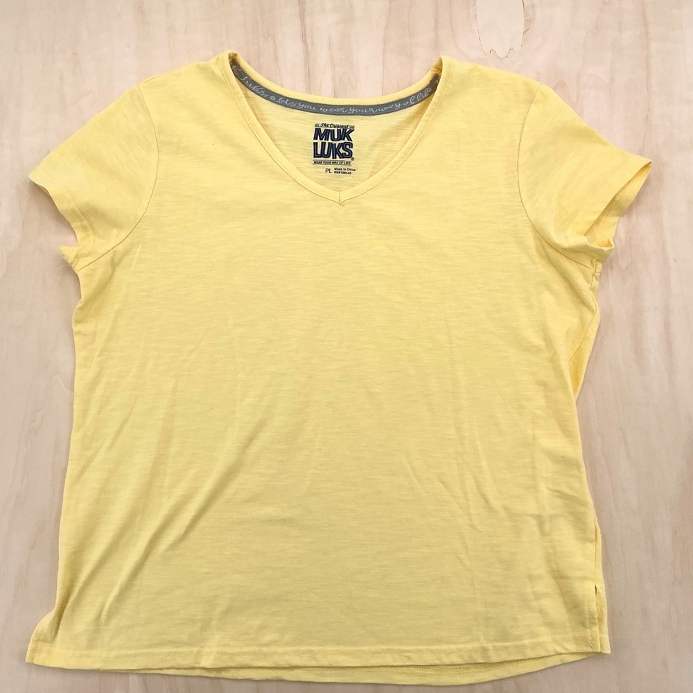 Muk Luks V-Neck Tee Women PL Yellow Slub Knit Short Sleeve Casual Basic Petite